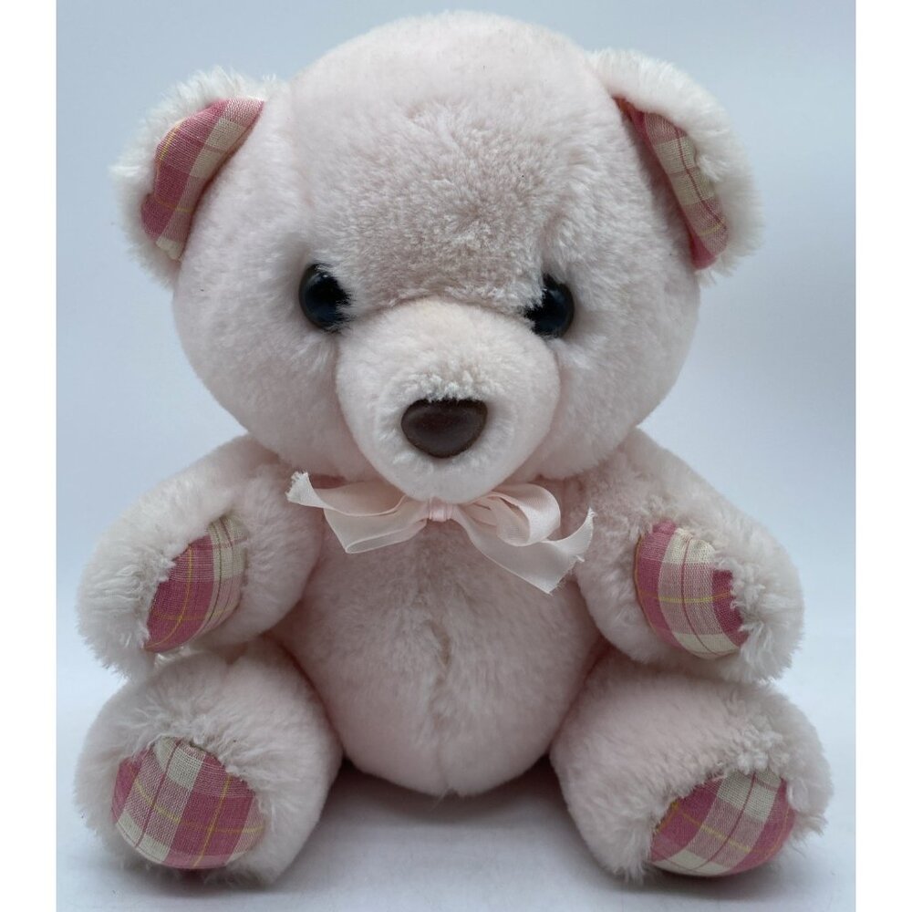 Vintage Walmart Pink Plush Bear Plaid Gingham Paws Feet Ears Stuffed Animal Toy